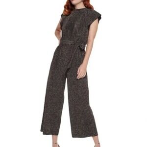Nine West Jumpsuit Black Sparkle Metallic Flutter Sleeve Belted Size Medium